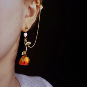 Golden Age - Real Flower Dangle Earrings with Ear Cuff
