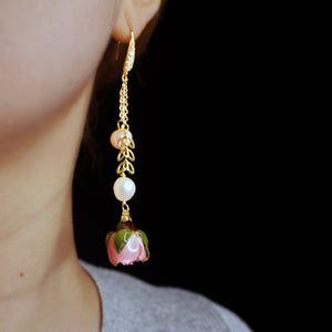 Pink Girl - Long Dangle Earrings with Real Flower
