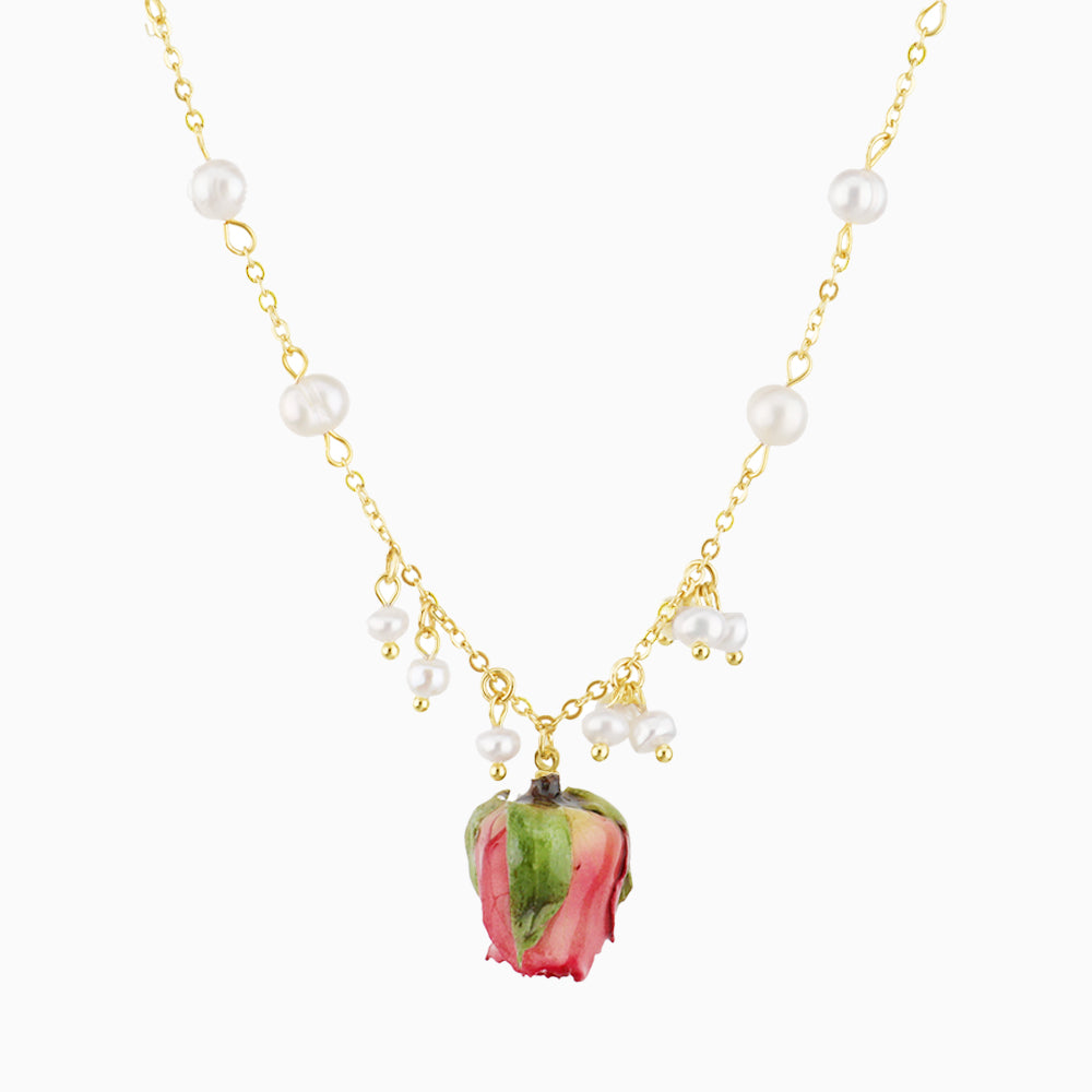 Real Flower Pendant and Pearls Necklace