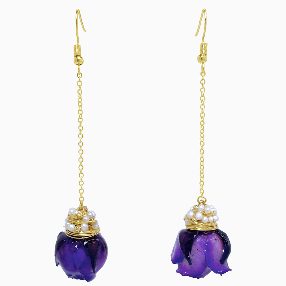 Long Drop Earrings with Purple Rose