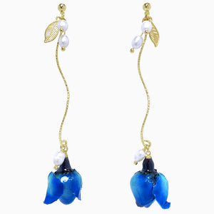 Long Drop Earrings with Blue Rose