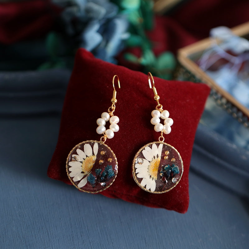 Pressed Flower Dangle Earrings with Pearls