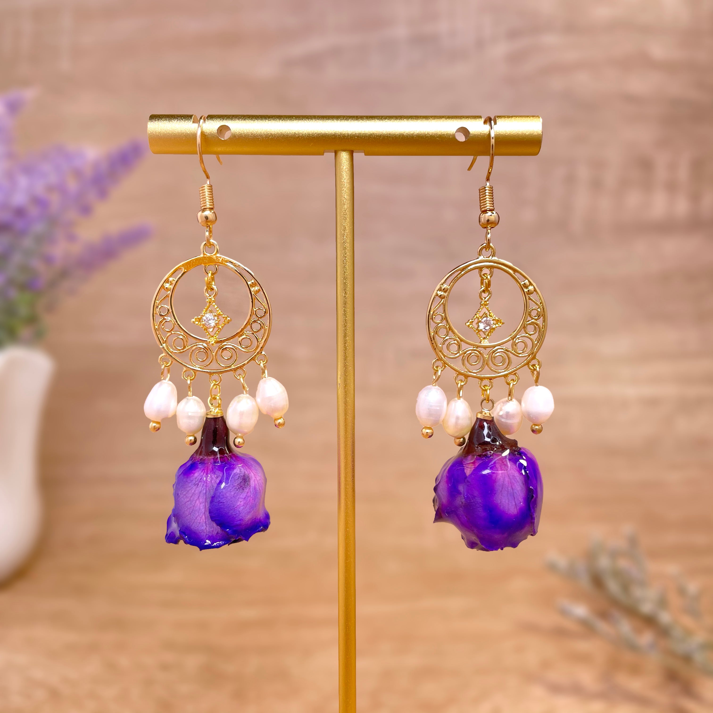 Dangle Earrings with Purple Flower