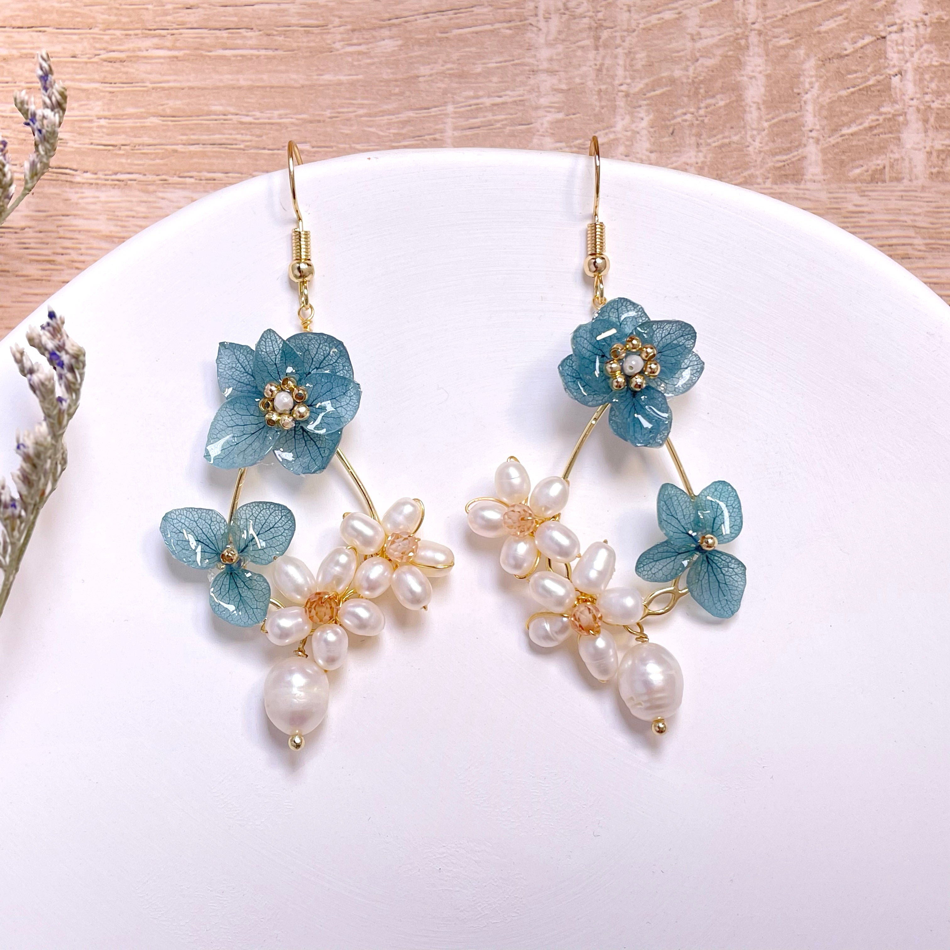 Dangle Earrings with Blue Flower