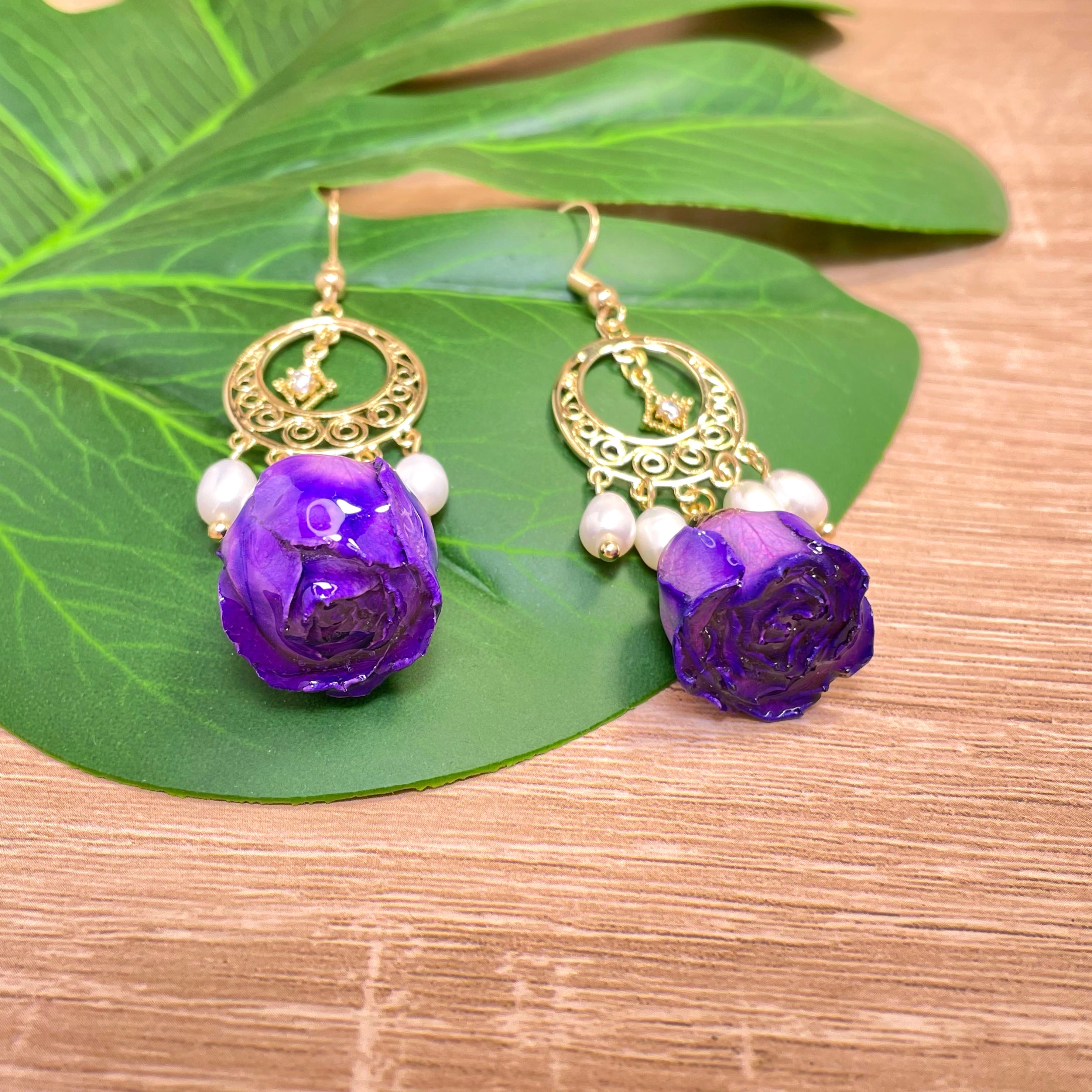 Dangle Earrings with Purple Flower