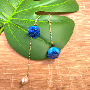 Long Dangle Earrings with Blue Rose