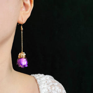 Long Drop Earrings with Purple Rose