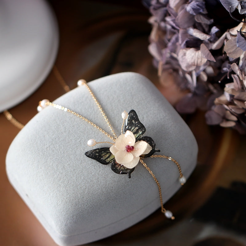 Butterfly Necklace with Real Flower