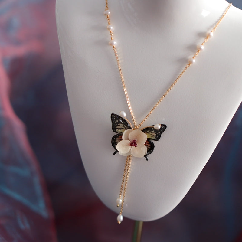 Butterfly Necklace with Real Flower