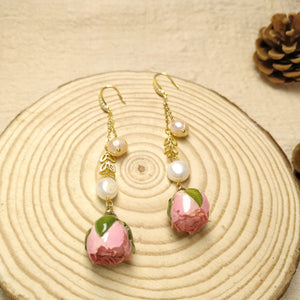 Pink Girl - Long Dangle Earrings with Real Flower